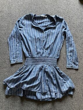 Blue Gold Striped Long Sleeve Smocked Waist Dress